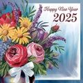Happy new year 2025 colorful flower and blue background Royalty Free Stock Photo