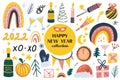 Happy New Year abstract boho icons set. Christmas party trending collection clip art hand drawing style with champagne Royalty Free Stock Photo