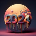 Happy New Year 2024 with an Abstract colorful background, 3d render dripping paint illustration, generative ai Royalty Free Stock Photo