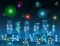 Happy new year alphabet buildings at night Royalty Free Stock Photo