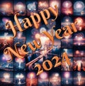 Happy New Year 2024, from around the world, fireworks bursting in the air overtop of cities Royalty Free Stock Photo