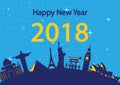Happy new year around the world landmark, happiness celebration,yellow and blue style,silhouette Royalty Free Stock Photo