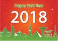 Happy new year around the world landmark, happiness celebration,red and green style Royalty Free Stock Photo