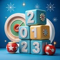 Happy New year background banner. Numbers on white dices on target icon on wooden cube blocks stacked on blue background with copy