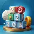 Happy New year background banner. Numbers on white dices on target icon on wooden cube blocks stacked on blue background with copy