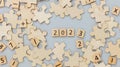 Happy New year 2023 background banner. Two thousand Twenty-Three year numbers on wooden blocks stack. wood blocks or square with n