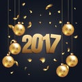 Happy New Year 2017 background with black and gold color, christmas ball and confetti. Greeting card design celebration. Vector Royalty Free Stock Photo