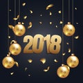 Happy New Year 2017 background with black and gold color, christmas ball and confetti. Greeting card design celebration Royalty Free Stock Photo