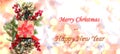 Happy new year 2021 background with bokeh lights, branches with balls and ribbons in snow flakes. Christmas decorations, postcard Royalty Free Stock Photo