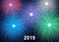 2019 happy New year! Happy new year, background with colorful fireworks and sparkles. Royalty Free Stock Photo