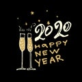 Happy New Year 2020 Background. Figure champagne glasses and text on black background.