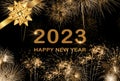 2023 Happy New Year background with fireworks and text, banner.