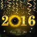 Happy New Year 2016 background with gold clock Royalty Free Stock Photo