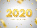 2020 Happy New Year background with gold confetti, glitter, sparkles and stars. Glitter golden numbers with confetti and Royalty Free Stock Photo