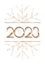 Happy New Year 2023 background with gold frame and snowflake. Shining with sparkles numbers and border Merry Christmas Royalty Free Stock Photo