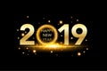 Happy New Year 2019 background with gold glitter confetti splatter. Festive premium design template for greeting card, calendar, b Royalty Free Stock Photo