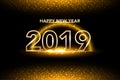 Happy New Year 2019 background with gold glitter confetti splatter. Festive premium design template for greeting card, calendar, b Royalty Free Stock Photo