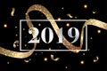 Happy New Year 2019 background with gold glitter confetti splatter. Festive premium design template for greeting card, calendar, b Royalty Free Stock Photo