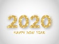 Happy New Year 2020 background. Gold glitter numbers 2019 and text on white backdrop. Christmas holiday celebration Royalty Free Stock Photo