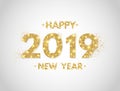 Happy New Year 2019 background. Gold glitter numbers 2019 and text on white backdrop. Christmas holiday celebration Royalty Free Stock Photo