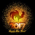 Happy New Year 2017 background with gold shiny rooster silhouette Royalty Free Stock Photo