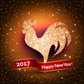 Happy New Year 2017 background with gold shiny rooster silhouette. Royalty Free Stock Photo