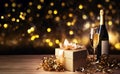 Happy New Year background with golden bokeh lights, confetti, gift and bottle of champagne. Luxury banner template or winter