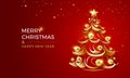 Happy New Year background. Golden Christmas tree with star and golden balls decoration with snow on red background, modern trendy Royalty Free Stock Photo