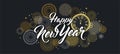 Happy New Year Background with golden fireworks. Gold and black card and banner, festive invitation, calendar poster or Royalty Free Stock Photo