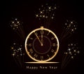 Happy New Year background with golden shining vintage clock and spark fireworks. Five minutes to midnight. Royalty Free Stock Photo