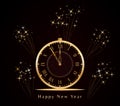 Happy New Year background with golden shining vintage clock and spark fireworks. Five minutes to midnight.