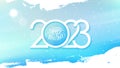 2023 Happy New Year background with hand drawn lettering, sun, snowflakes and white brush strokes for New Year greetings. Royalty Free Stock Photo