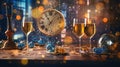 Happy New Year background. Holiday greeting card design with champagne bottle and festive decorations. Generative Ai Royalty Free Stock Photo