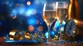 Happy New Year background. Holiday greeting card design with champagne bottle and festive decorations. Generative Ai Royalty Free Stock Photo