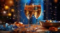 Happy New Year background. Holiday greeting card design with champagne bottle and festive decorations. Generative Ai Royalty Free Stock Photo