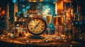 Happy New Year background. Holiday greeting card design with champagne bottle and festive decorations. Generative Ai Royalty Free Stock Photo