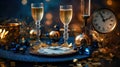 Happy New Year background. Holiday greeting card design with champagne bottle and festive decorations. Generative Ai Royalty Free Stock Photo