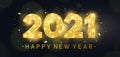 Happy new year 2021 background. Luxury holiday banner with golden glitter numbers, bokeh lights and confetti. Gold