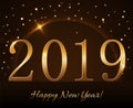 Happy New Year background. Magic gold rain and globe. Golden numbers 2019 on horizon. Christmas planet design. Light Royalty Free Stock Photo