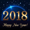 Happy New Year background with magic gold rain and globe. Golden numbers 2018 on horizon. Christmas planet design light Royalty Free Stock Photo