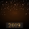 Happy New Year background with magic gold rain. Golden numbers 2019. Christmas design light, vibrant, glow and sparkle