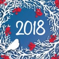 2018 Happy New Year Background. Paper cut Wreath with Rowan branch Royalty Free Stock Photo