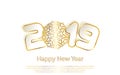 Happy New Year 2019 background with paper cuttings. Gold numbers 1, 2, 9 and snowflake cut from paper