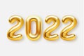 Happy New Year 2022. Background realistic golden balloons. Decorative design elements. Object render 3d ballon with