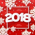 2018 Happy New Year Background. Red Greetings Card for Christmas invitations. Paper cut snow flake. Paper cut Winter Royalty Free Stock Photo