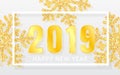 2019 Happy New Year background with shining yellow snowflakes and white frame. Merry Christmas and Happy New Year card. Vector Ill Royalty Free Stock Photo