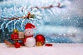 Happy New 2018 Year background with Snowman and Christmas gifts. Royalty Free Stock Photo