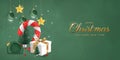 Happy New Year background. transparent candy christmas with balls and box of gifts strewn with snow on green background