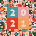 Happy new year 2021 banner in abstract geometric shape design. 2021 lettering in colorful cubisme art. Royalty Free Stock Photo