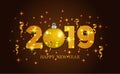 Happy new year banner background template with 3d gold number and bauble. vector illustration